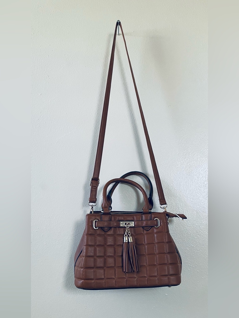 Now 50%off. Stylish Brown Quilted Tote with Tassel Accent